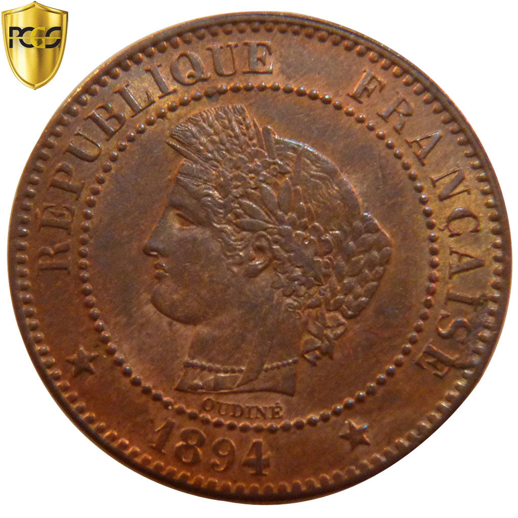 FRANCE, Cérès, 2 Centimes, 1894, Paris, KM #827.1, graded, PCGS, MS(64), Bronze,