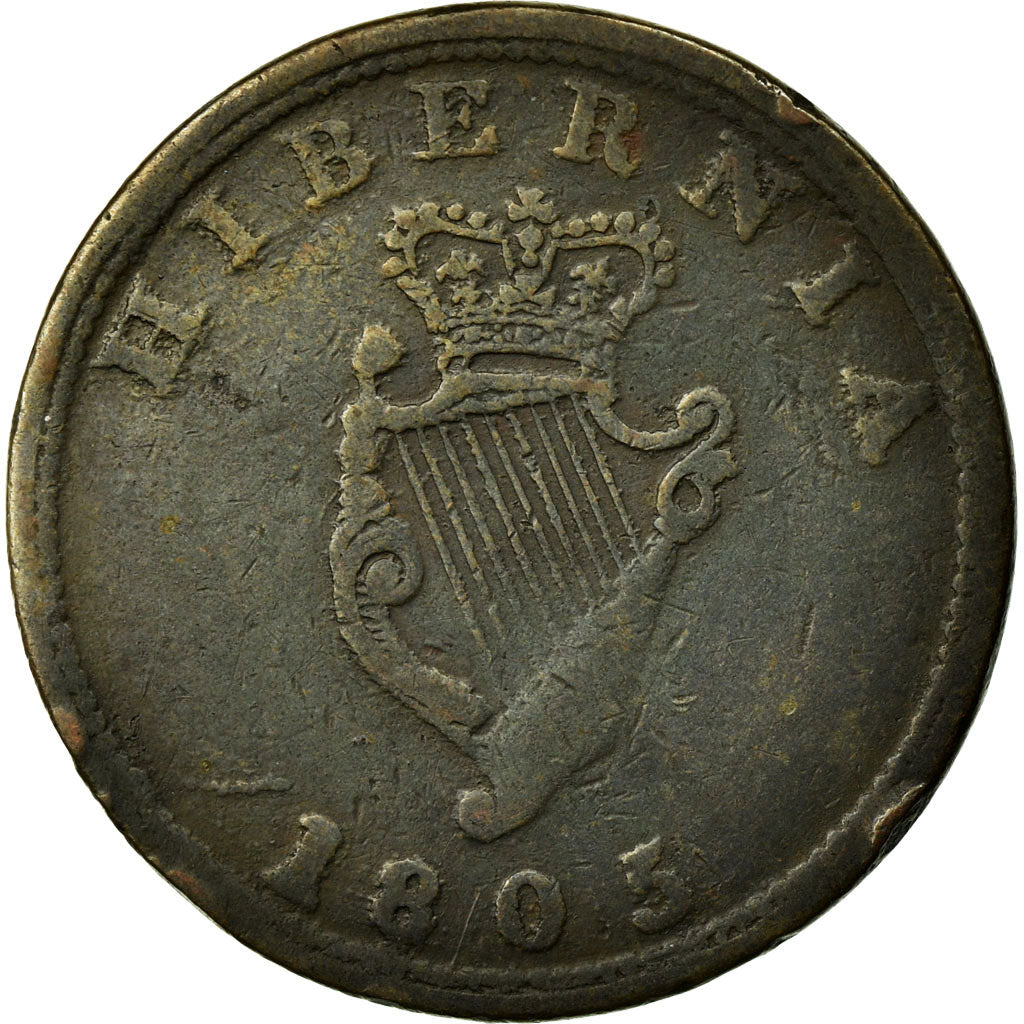 Moneda, Irlanda, Wellington, Halfpenny Token, 1805, Dublin, Rare, BC+, Cobre