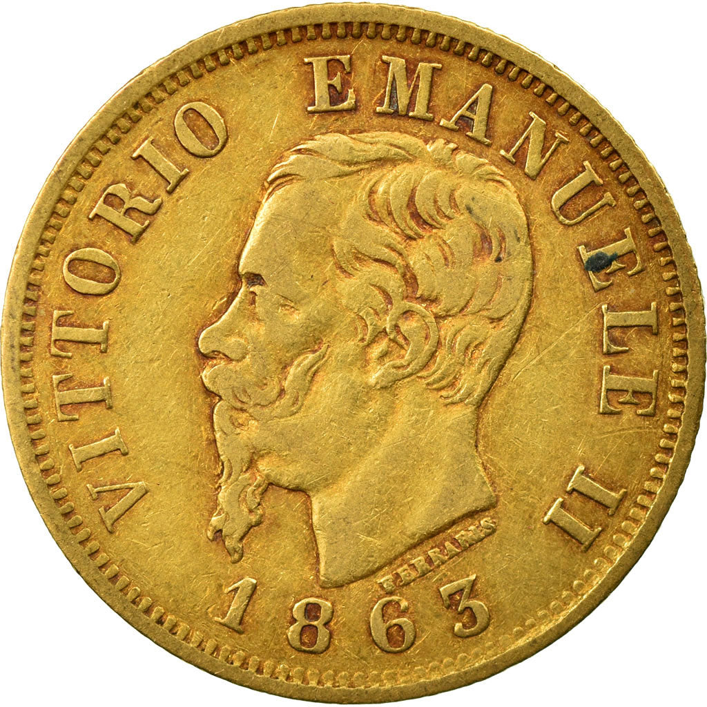 Moeda, Itália, Vittorio Emanuele II, 10 Lire, 1863, Torino, VF(30-35), Dourado