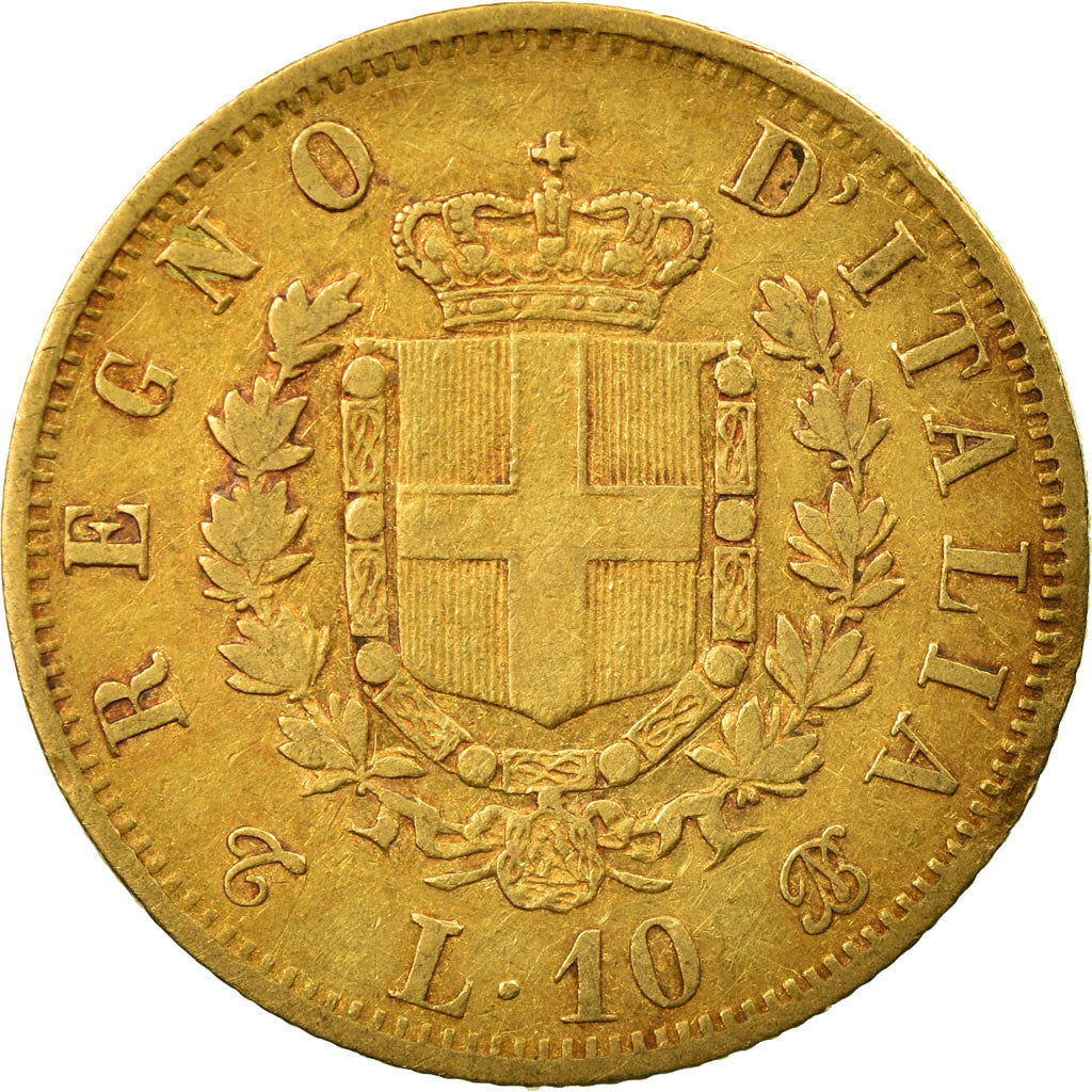 Moeda, Itália, Vittorio Emanuele II, 10 Lire, 1863, Torino, VF(30-35), Dourado