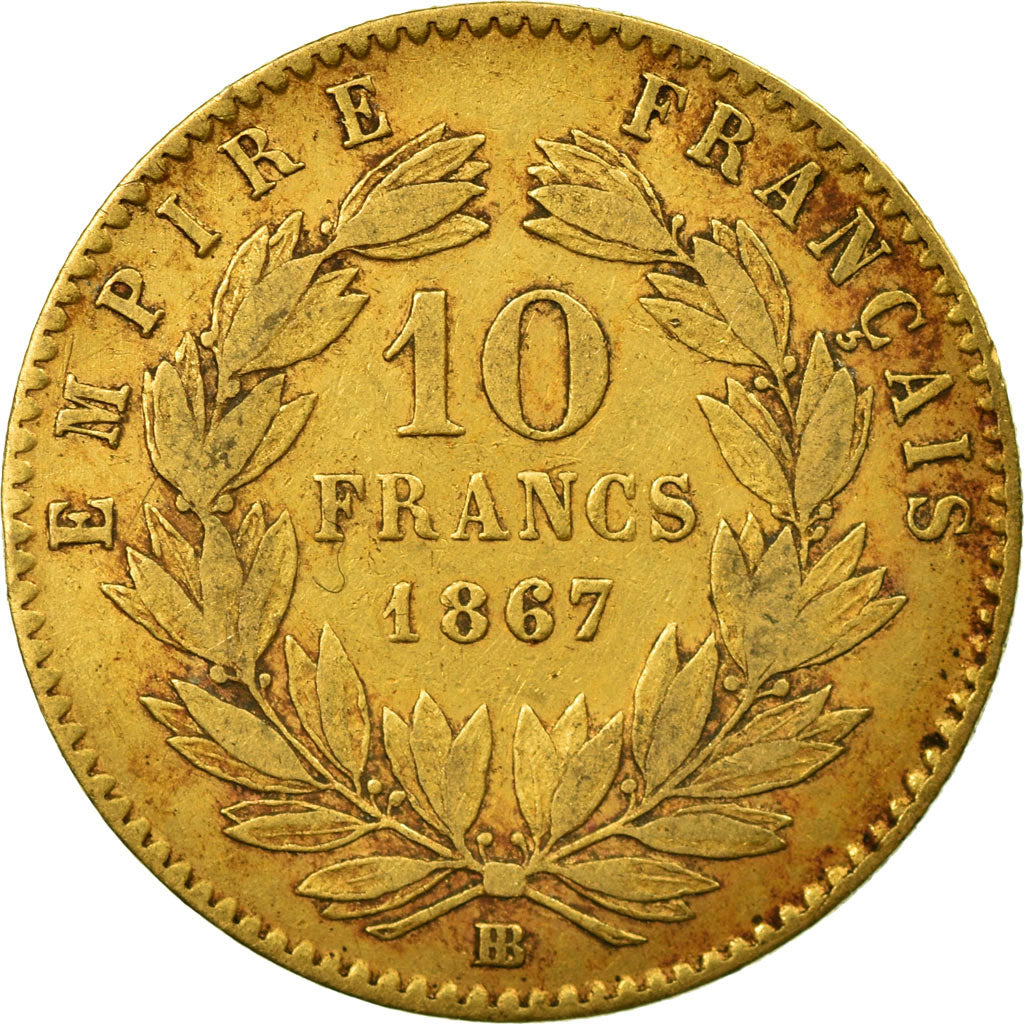 Moneta, Francia, Napoleon III, 10 Francs, 1867, Strasbourg, BB, Oro