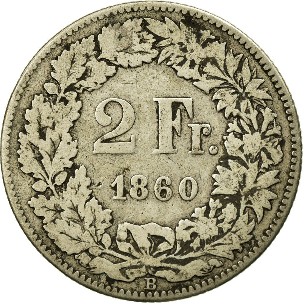Coin, Switzerland, 2 Francs, 1860, Bern, VF(20-25), Silver, KM:10a