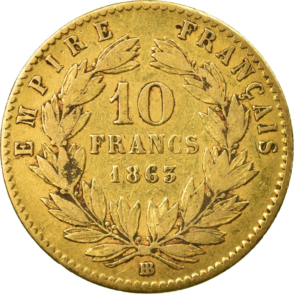 Moneda, Francia, Napoleon III, 10 Francs, 1863, Strasbourg, BC+, Oro