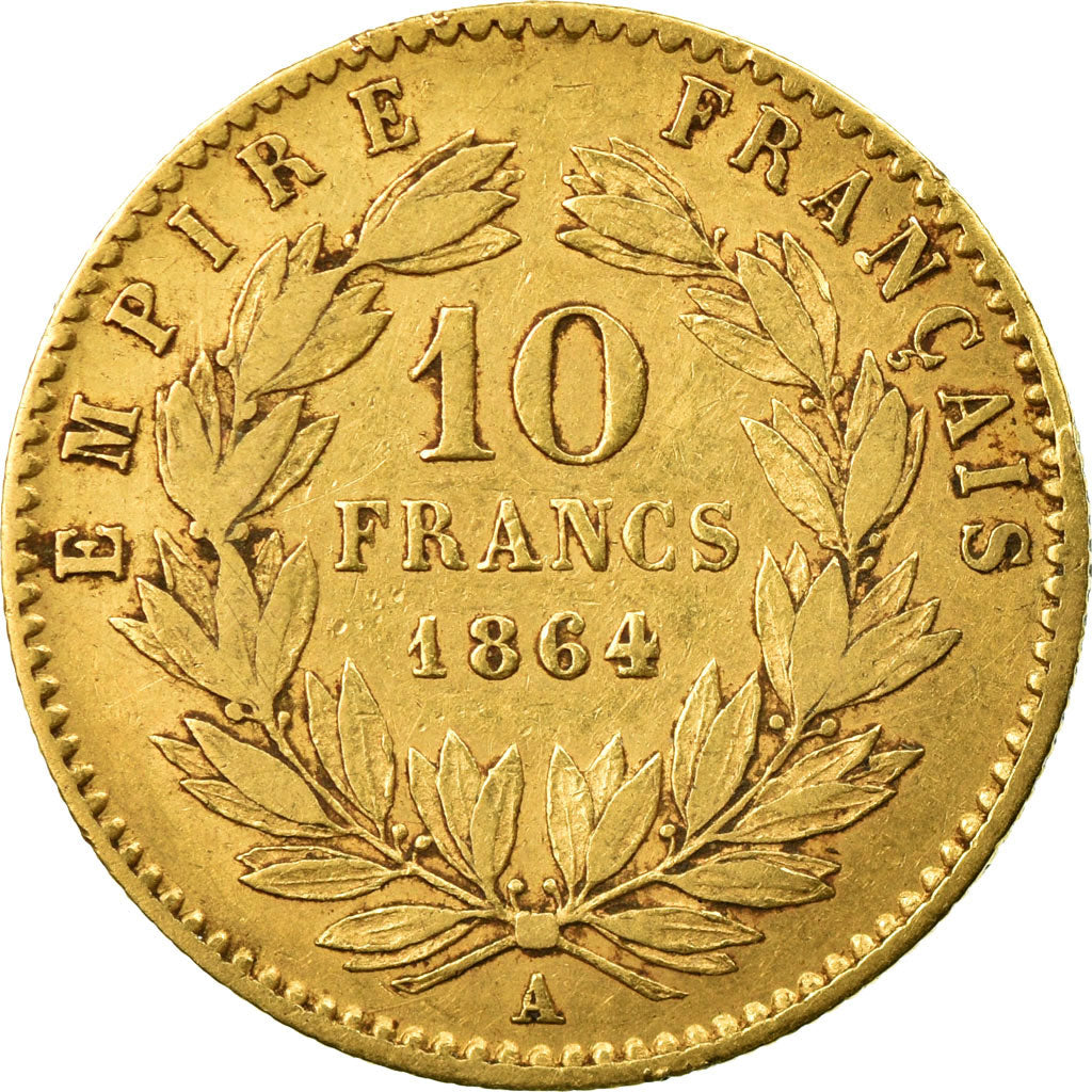 Moneda, Francia, Napoleon III, 10 Francs, 1864, Paris, BC+, Oro, KM:800.1