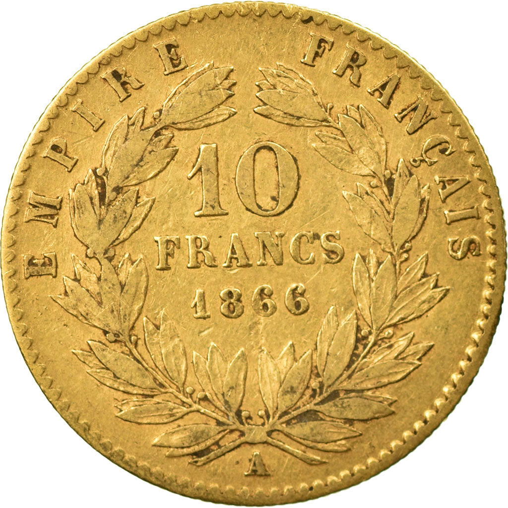 Moeda, França, Napoleon III, 10 Francs, 1866, Paris, VF(20-25), Dourado