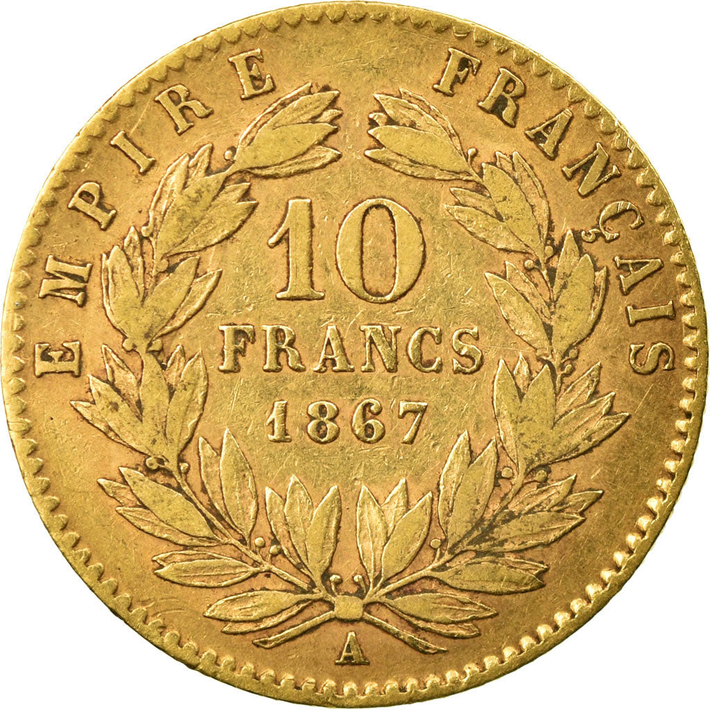 Moeda, França, Napoleon III, 10 Francs, 1867, Paris, VF(30-35), Dourado