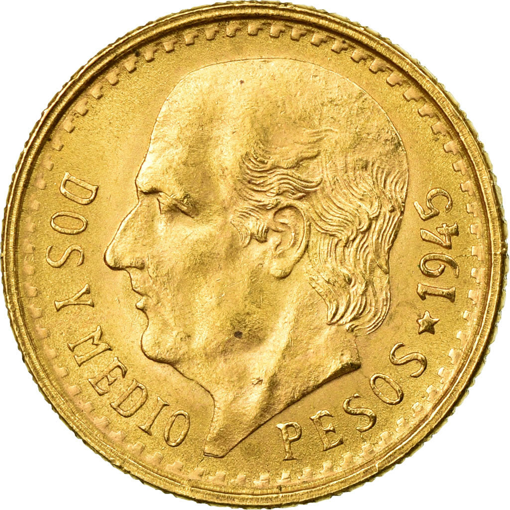 Coin, Mexico, 2-1/2 Pesos, 1945, Mexico City, MS(63), Gold, KM:463
