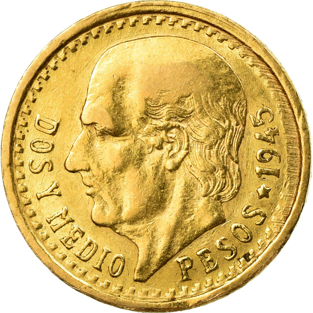 Munten, Mexico, 2-1/2 Pesos, 1945, Mexico City, ZF+, Goud, KM:463