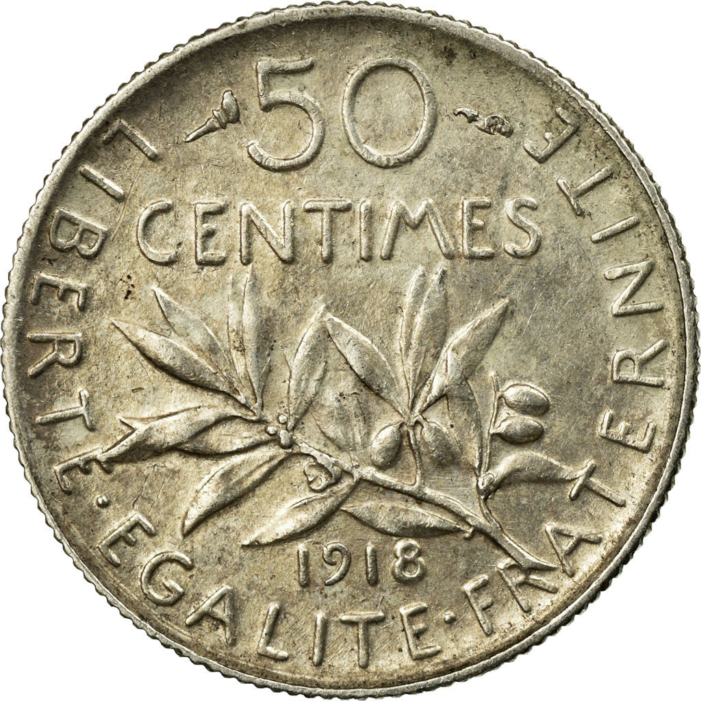 Coin, France, Semeuse, 50 Centimes, 1918, Paris, AU(50-53), Silver, KM:854