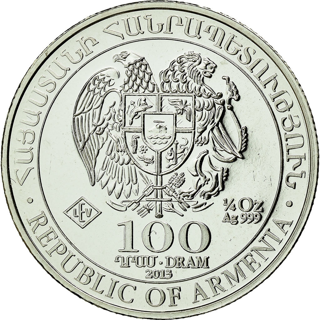 Coin, Armenia, Noah's Ark, 100 Dram - 1/4 Oz, 2013, MS(65-70), Silver, KM:198