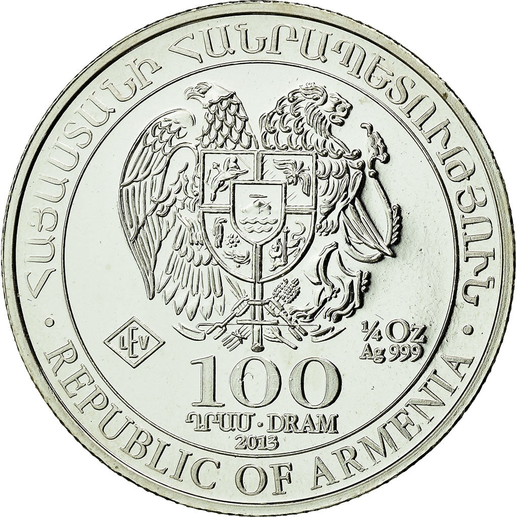 Coin, Armenia, Noah's Ark, 100 Dram - 1/4 Oz, 2013, MS(65-70), Silver, KM:198