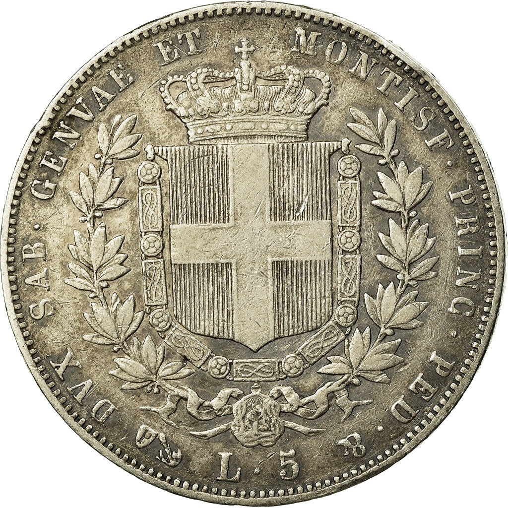 Moeda, ESTADOS ITALIANOS, SARDINIA, Vittorio Emanuele II, 5 Lire, 1854, Genoa
