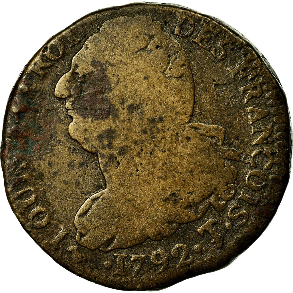 Moneta, Francja, Louis XVI, 2 Sols, 1792, Saumur, F(12-15), Bronze, Gadoury:25