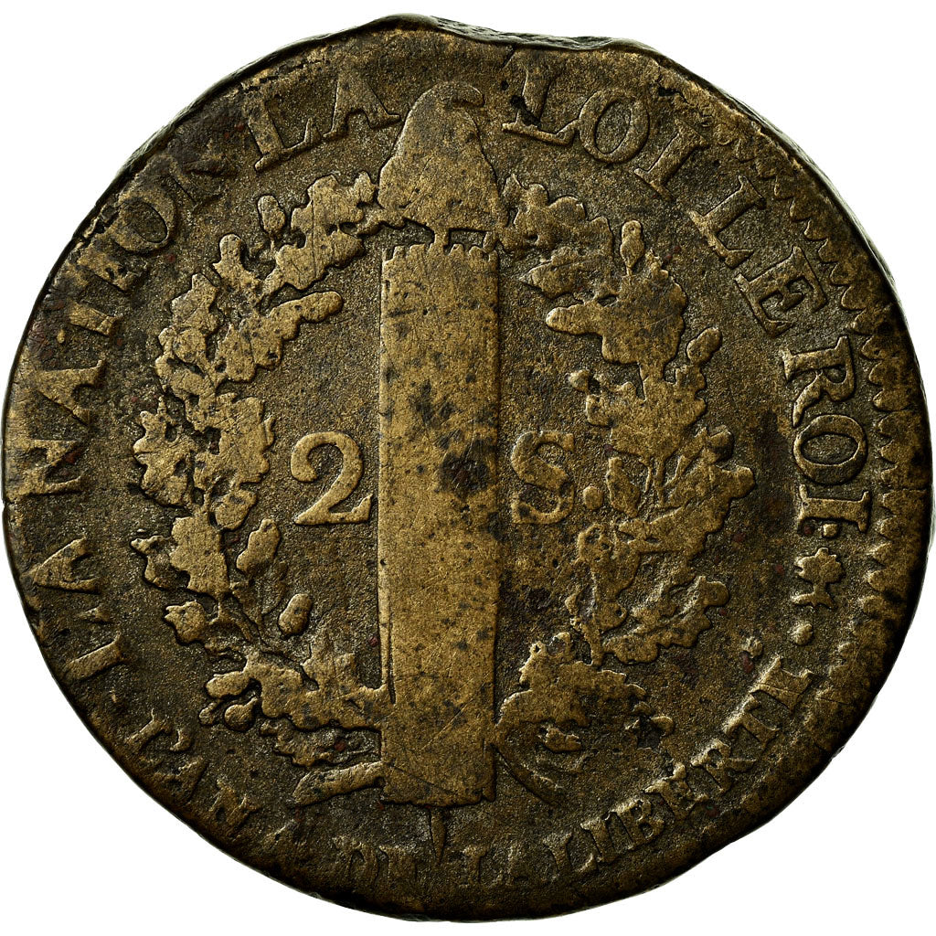 Moneta, Francja, Louis XVI, 2 Sols, 1792, Saumur, F(12-15), Bronze, Gadoury:25