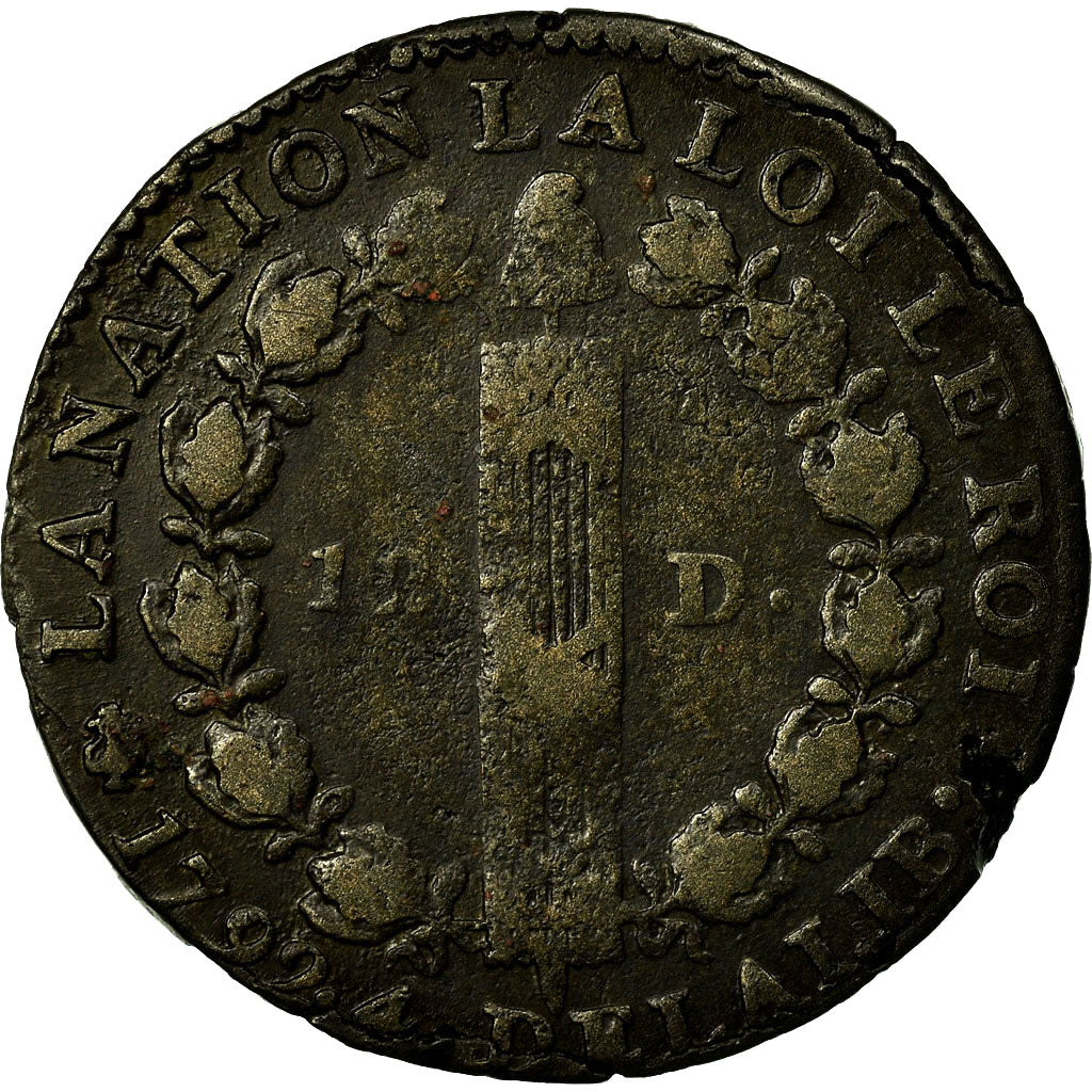 Coin, France, Louis XVI, 12 Deniers, 1792, Paris, VF(20-25), Métal de cloche