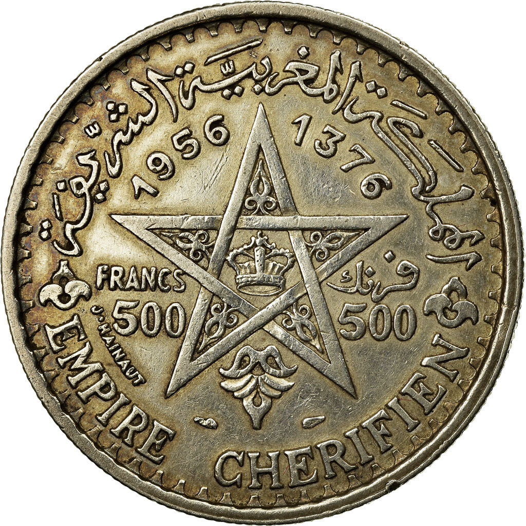 Coin, Morocco, Mohammed V, 500 Francs, 1956, Paris, EF(40-45), Silver, KM:54