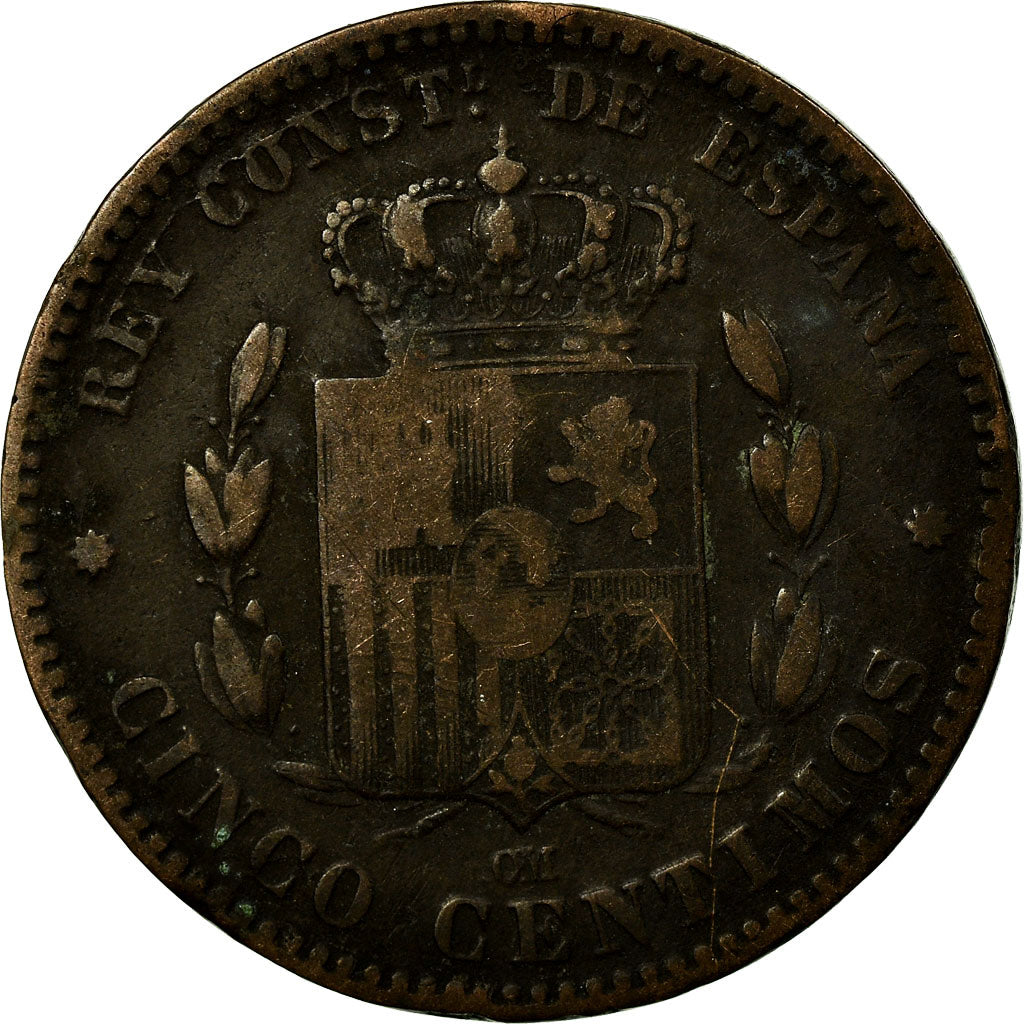 Coin, Spain, Alfonso XII, 5 Centimos, 1879, VF(30-35), Bronze, KM:674
