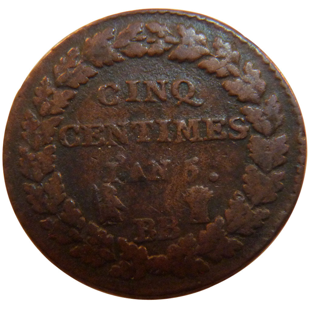 FRANCE, 5 Centimes, 1797, Strasbourg, VF(20-25), Bronze, Gadoury #126, 10.00