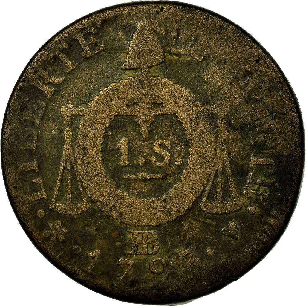 Moneda, Francia, Sol aux balances françoise, Sol, 1793, Strasbourg, BC, Bronce
