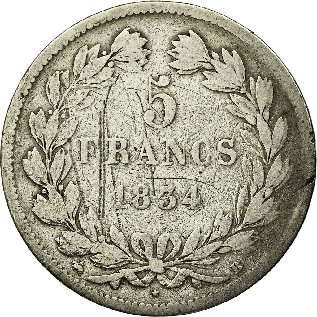 Moneta, Francia, Louis-Philippe, 5 Francs, 1834, Rouen, MB, Argento, KM:749.2