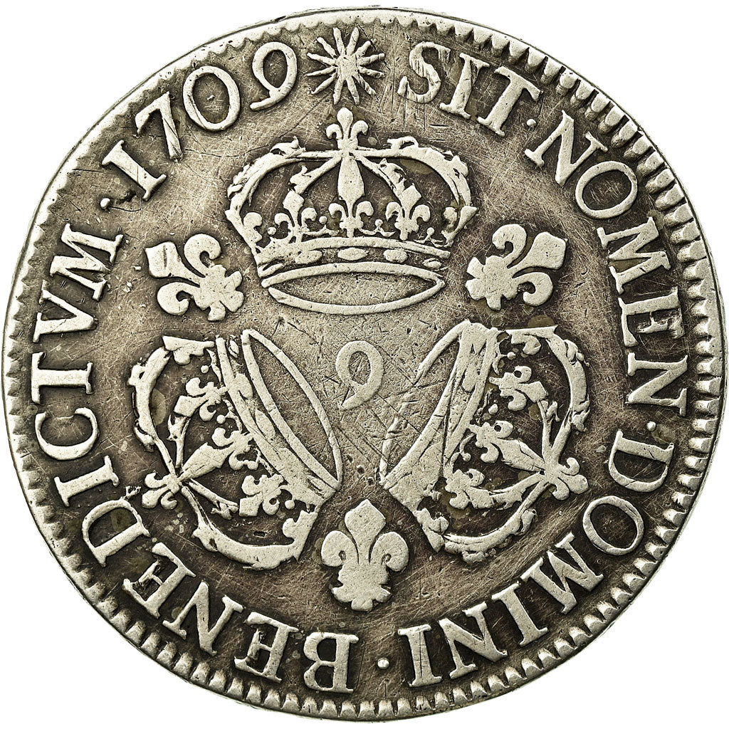 Coin, France, Louis XIV, Ecu aux 3 couronnes, 1709, Rennes, VF(20-25), Silver