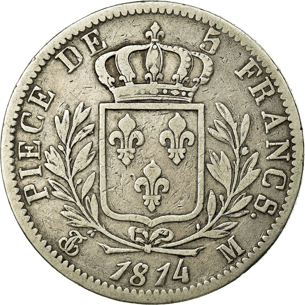 Moneta, Francia, Louis XVIII, 5 Francs, 1814, Toulouse, MB, Argento, KM:702.9