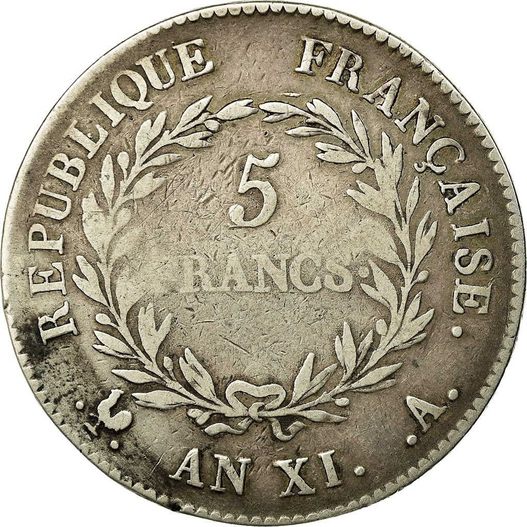 Moneda, Francia, Napoléon I, 5 Francs, An XI, Paris, BC+, Plata, KM:650.1