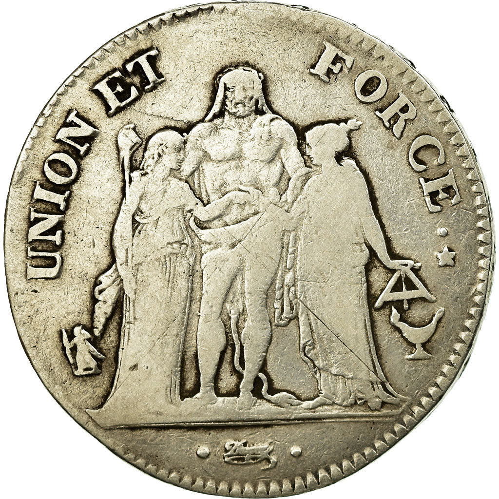 Moeda, França, Union et Force, 5 Francs, AN 8, Bordeaux, VF(20-25), Prata