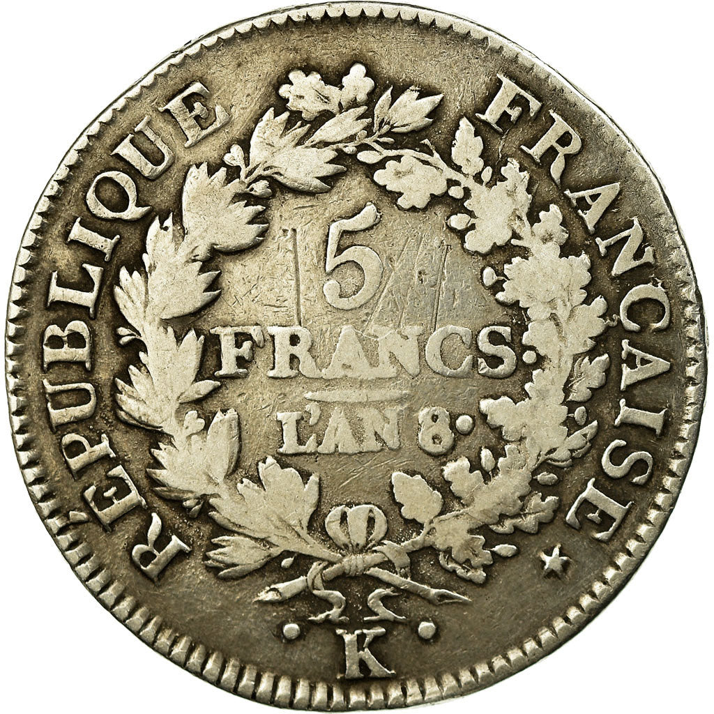 Moeda, França, Union et Force, 5 Francs, AN 8, Bordeaux, VF(20-25), Prata
