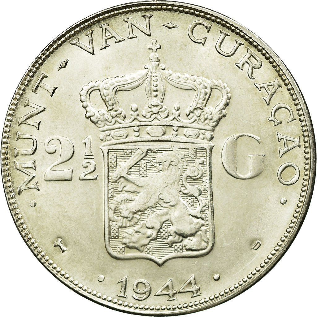 Coin, Curacao, Wilhelmina I, 2-1/2 Gulden, 1944, Denver, USA, MS(64), Silver