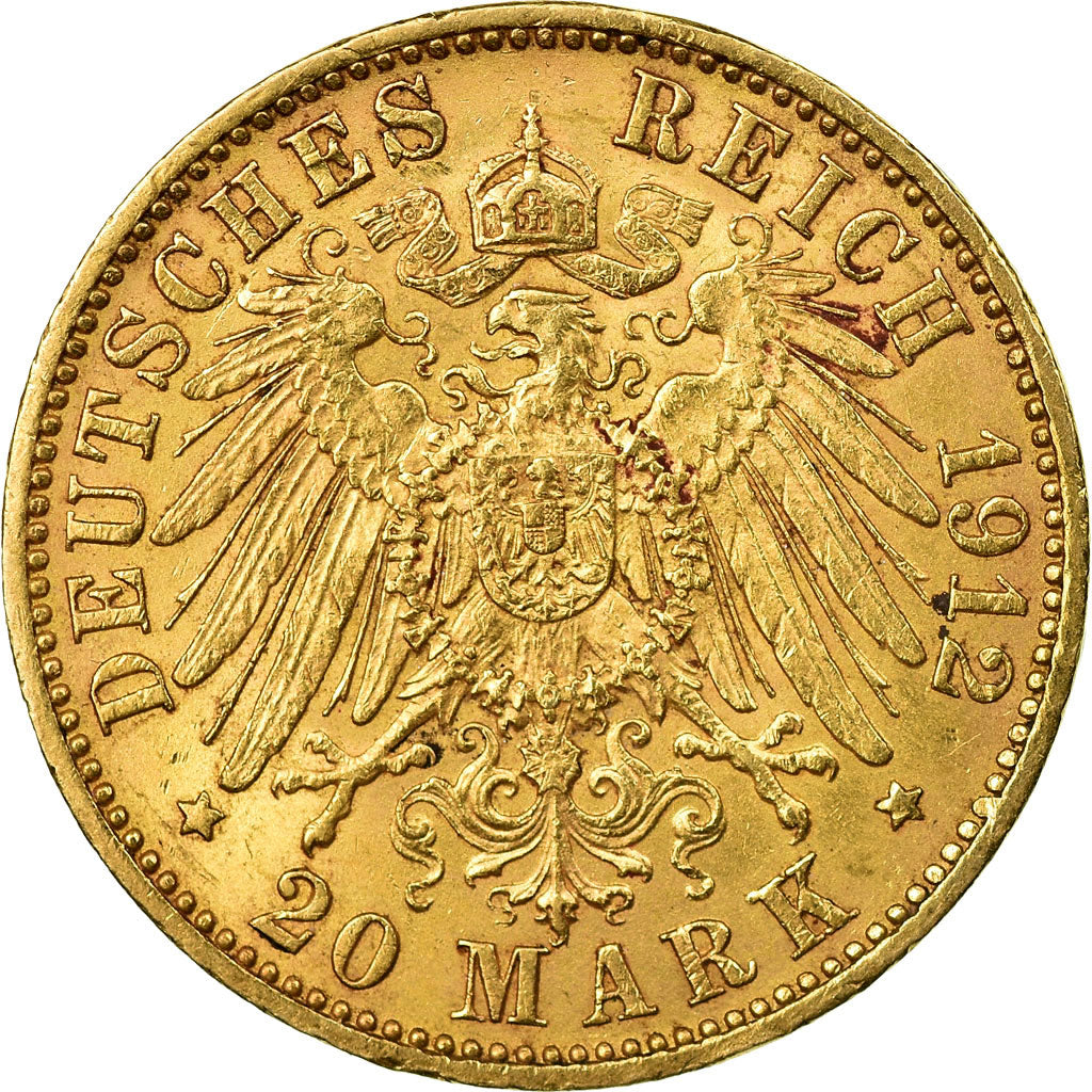 Coin, German States, PRUSSIA, Wilhelm II, 20 Mark, 1912, Hamburg, AU(50-53)