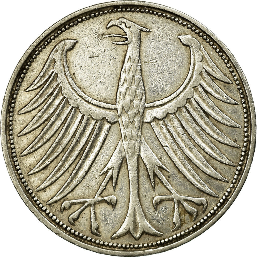 Coin, GERMANY - FEDERAL REPUBLIC, 5 Mark, 1951, Karlsruhe, EF(40-45), Silver