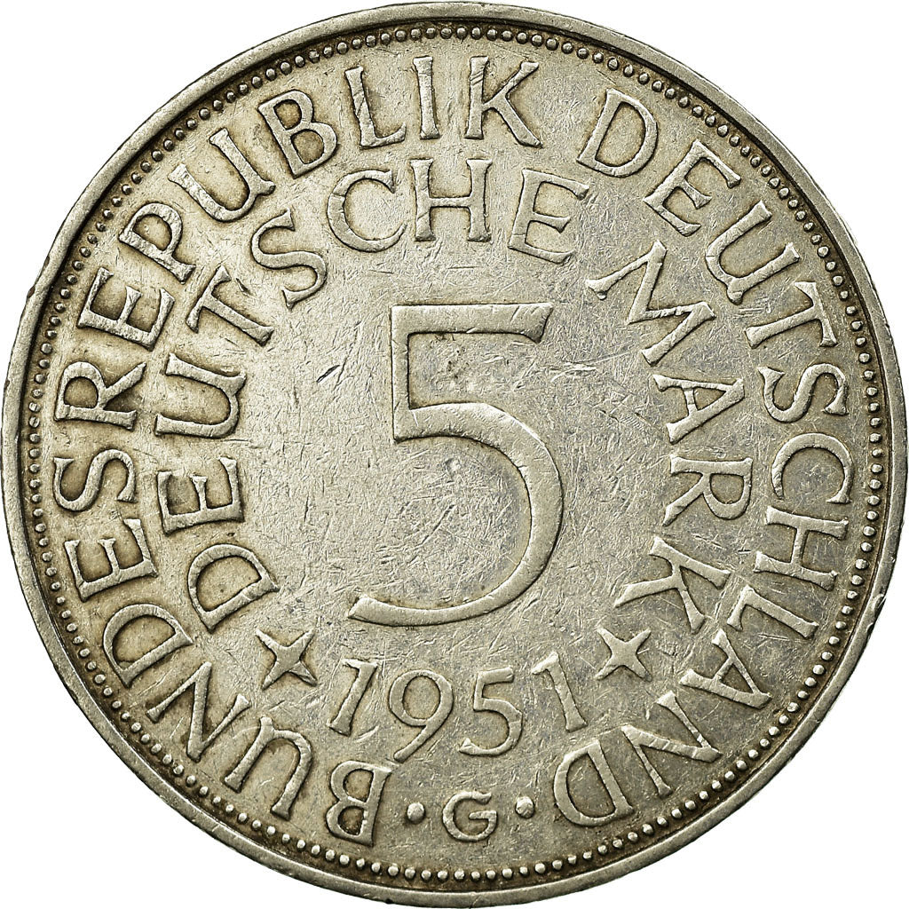 Coin, GERMANY - FEDERAL REPUBLIC, 5 Mark, 1951, Karlsruhe, EF(40-45), Silver