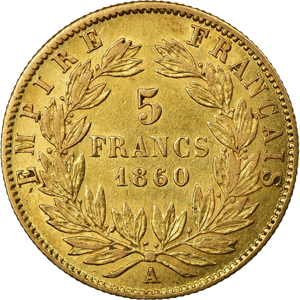 Moneda, Francia, Napoleon III, 5 Francs, 1860, Paris, BC+, Oro, KM:787.1