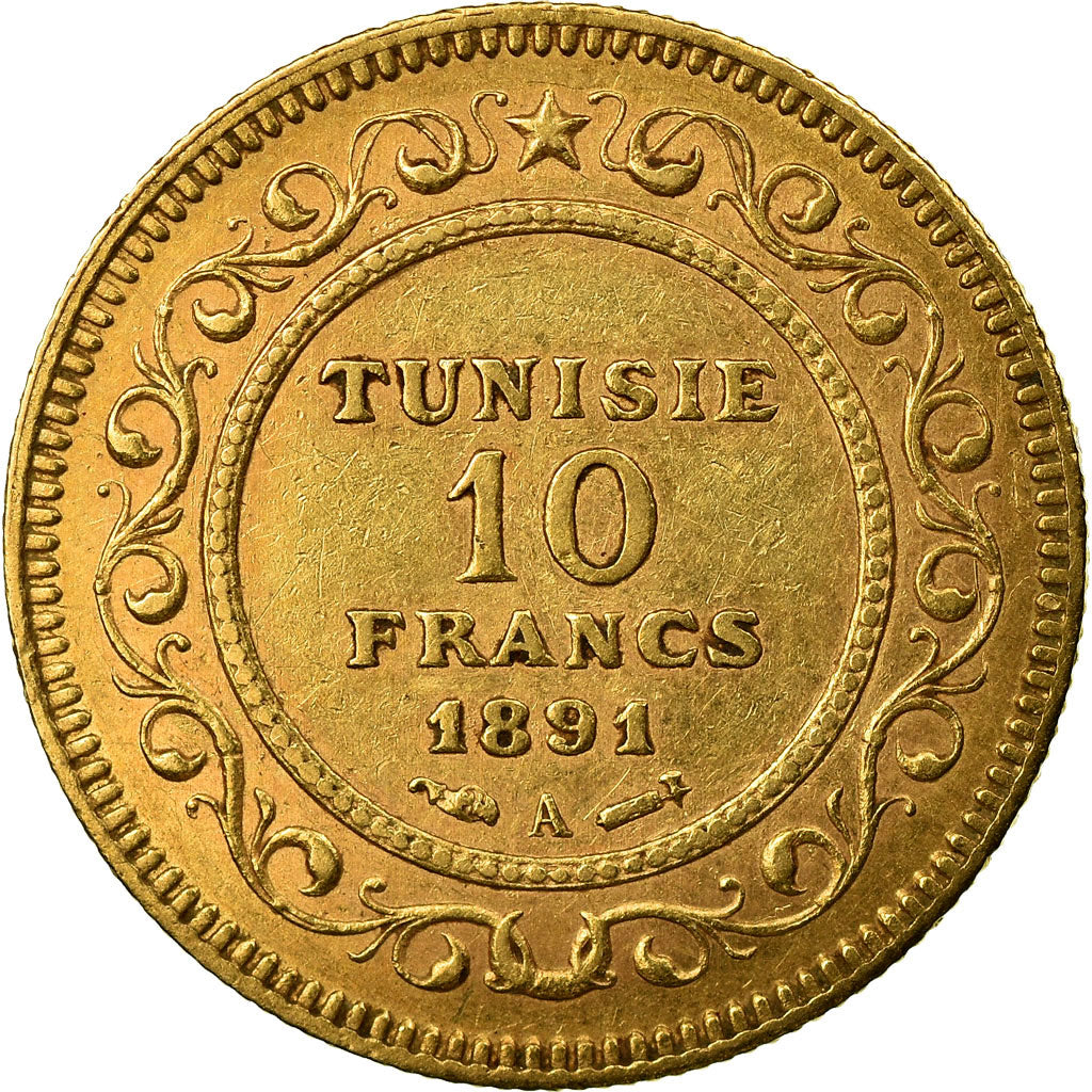Moneta, Tunisia, Ali Bey, 10 Francs, 1891, Paris, BB, Oro, KM:226, Lecompte:404