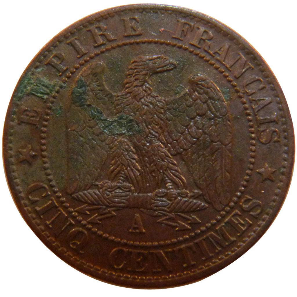 FRANCE, Napoléon III, 5 Centimes, 1865, Paris, KM #797.1, AU(50-53), Bronze, G..