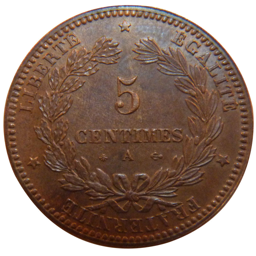 FRANCE, Cérès, 5 Centimes, 1871, Paris, KM #821.1, AU(55-58), Bronze, Gadoury #.
