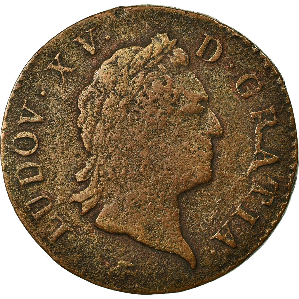 Moneda, Francia, Louis XV, Sol à la vieille tête, 1771, Lyon, BC+, Cobre