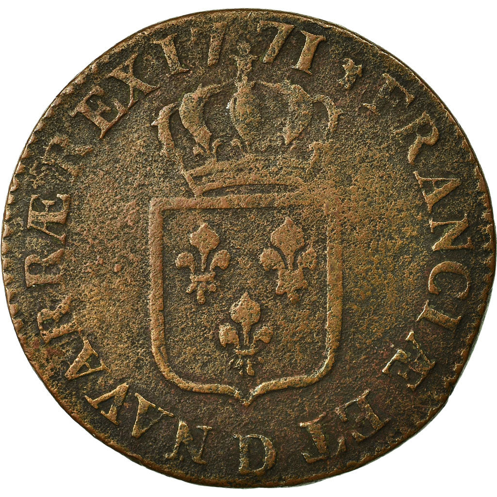 Moneda, Francia, Louis XV, Sol à la vieille tête, 1771, Lyon, BC+, Cobre