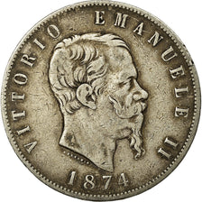 Moneta, Italia, Vittorio Emanuele II, 5 Lire, 1874, Milan, MB, Argento, KM:8.3