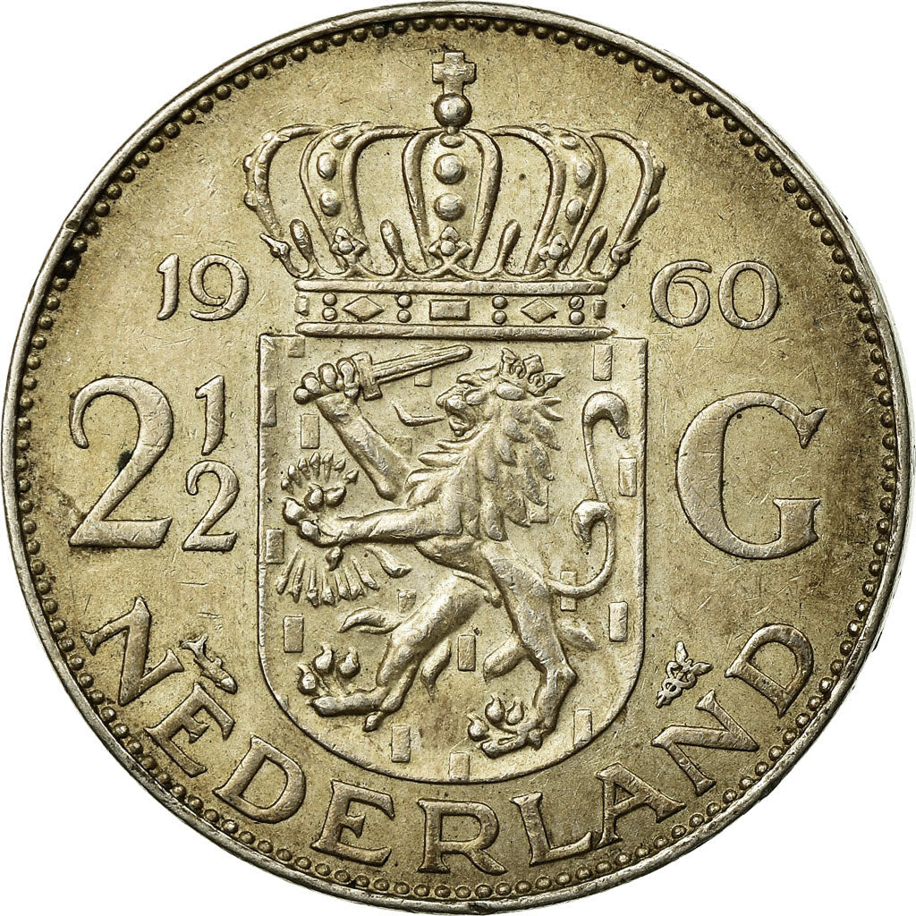 Coin, Netherlands, Juliana, 2-1/2 Gulden, 1960, MS(60-62), Silver, KM:185