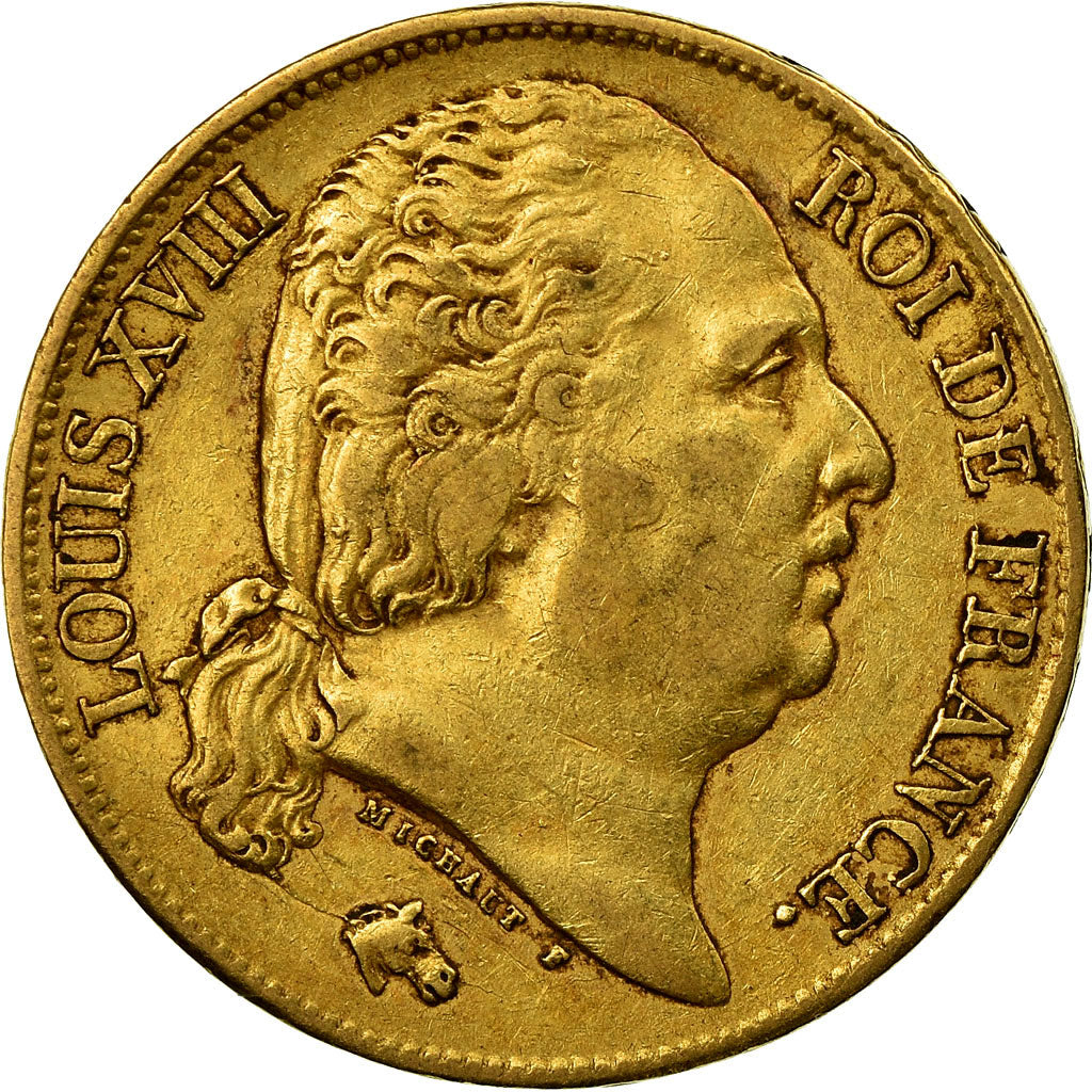 Moneta, Francia, Louis XVIII, 20 Francs, 1824, Paris, BB, Oro, KM:712.1