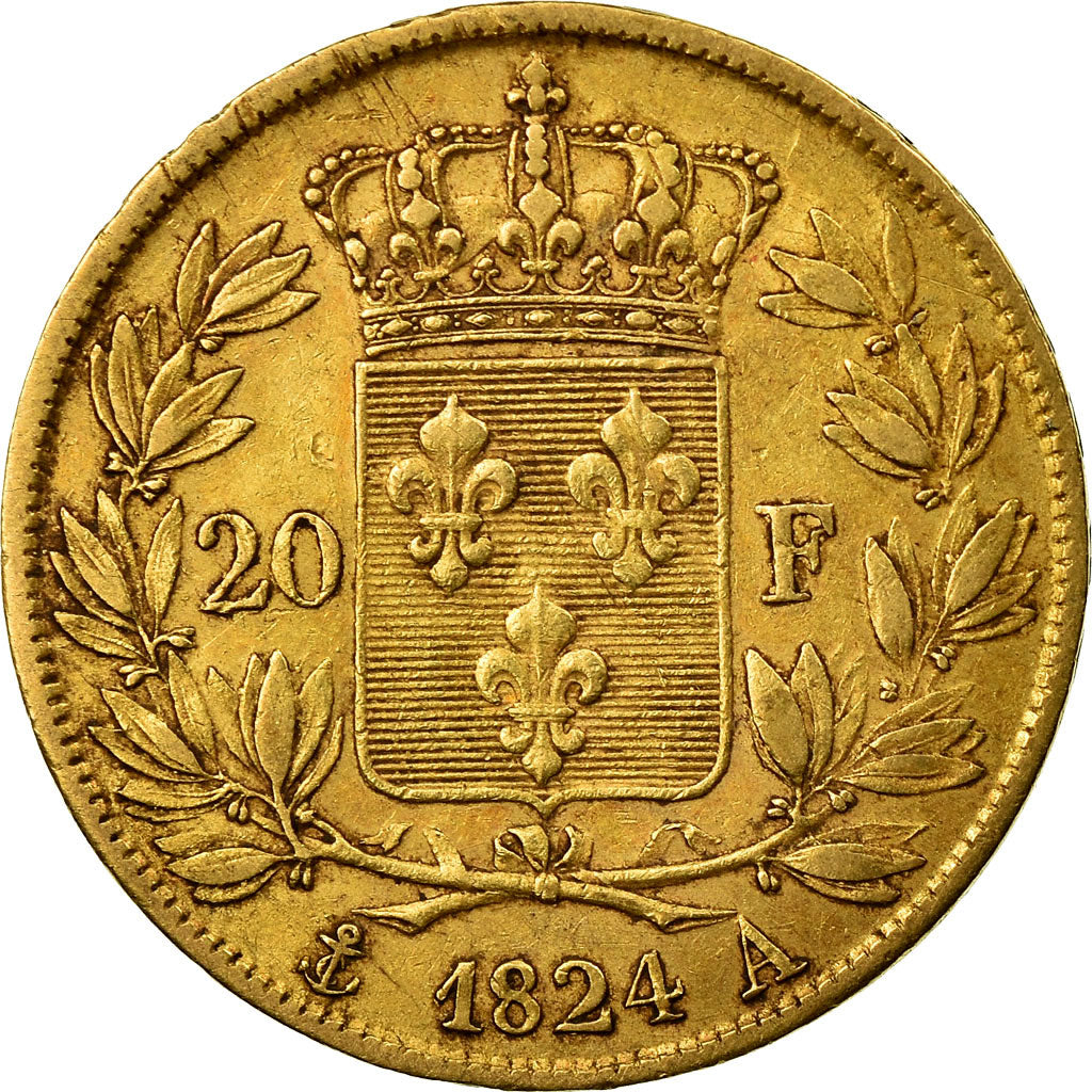 Moneta, Francia, Louis XVIII, 20 Francs, 1824, Paris, BB, Oro, KM:712.1