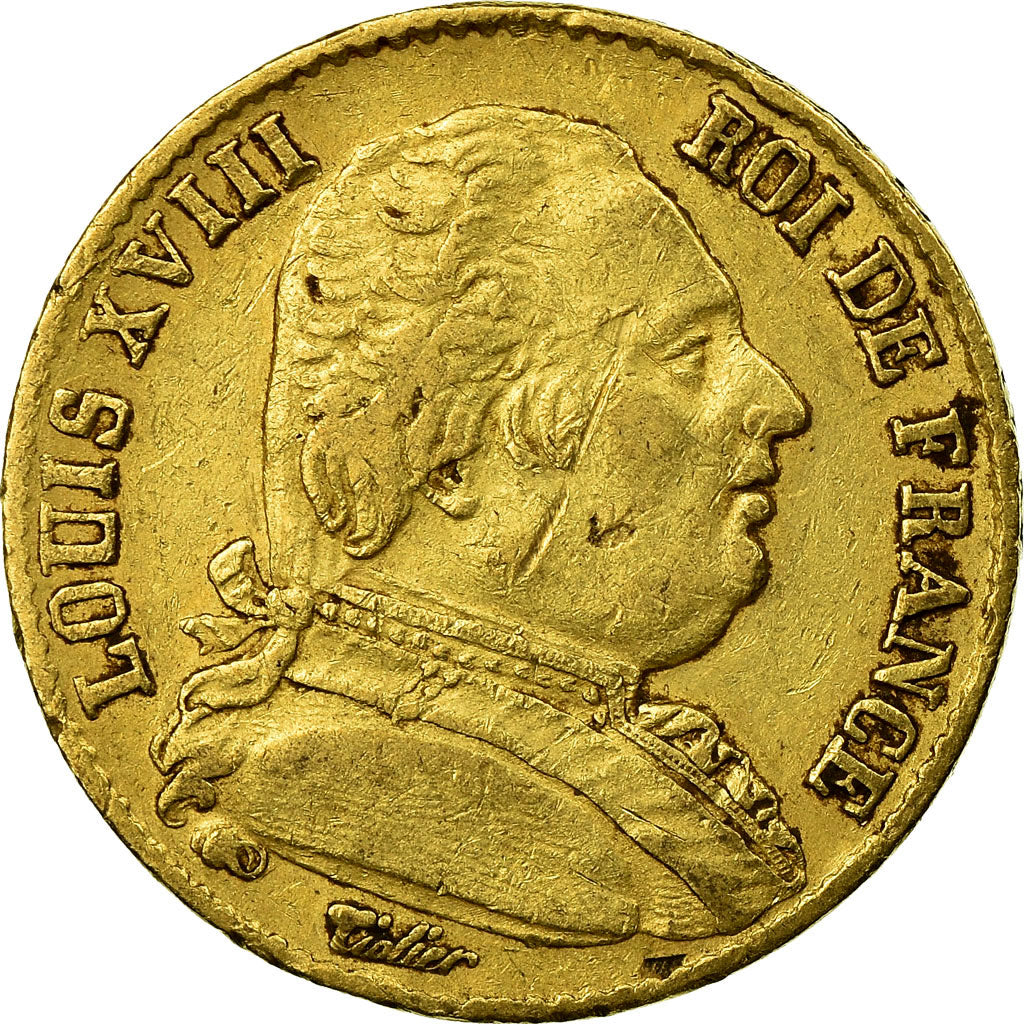 Coin, France, Louis XVIII, 20 Francs, 1814, Paris, VF(30-35), Gold, KM:706.1