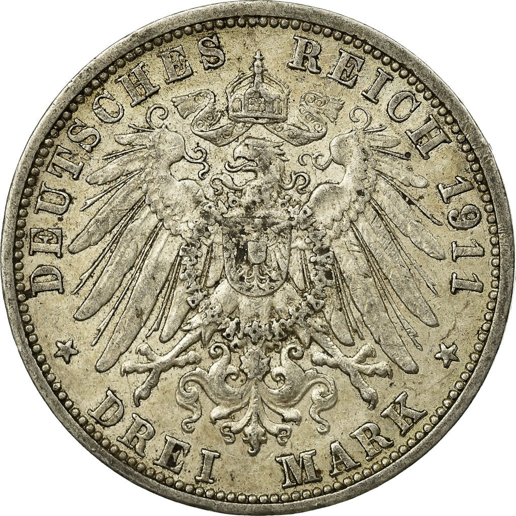 Coin, German States, BADEN, Friedrich II, 3 Mark, 1911, Stuttgart, EF(40-45)