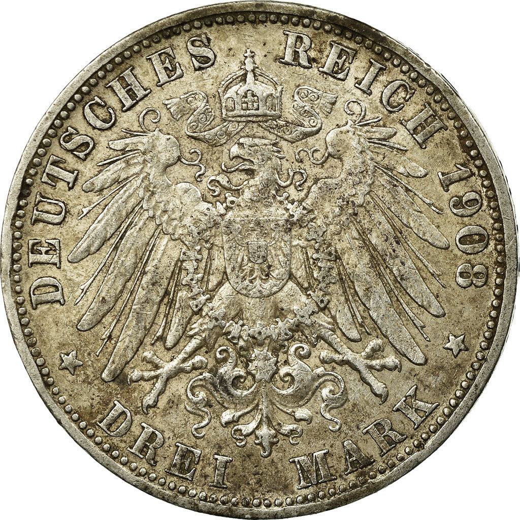 Coin, German States, BAVARIA, Otto, 3 Mark, 1908, Munich, EF(40-45), Silver