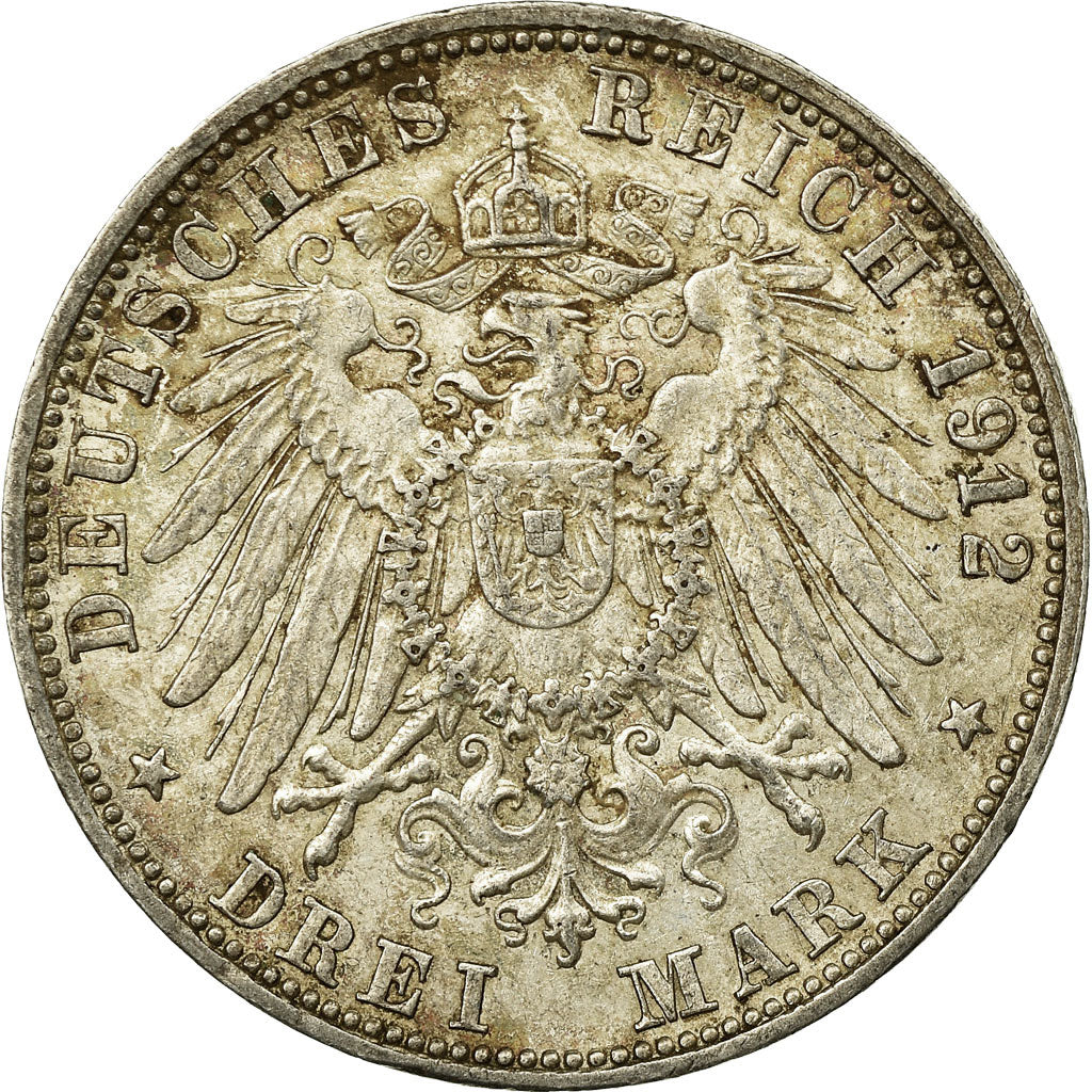 Coin, German States, BADEN, Friedrich II, 3 Mark, 1912, Stuttgart, EF(40-45)