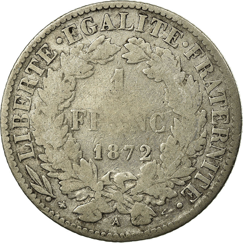 Moeda, França, Cérès, Franc, 1872, Paris, VF(20-25), Prata, KM:822.1