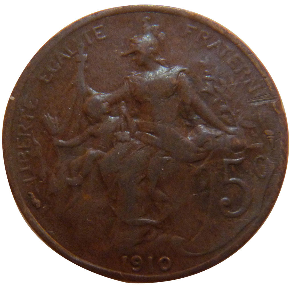 FRANCE, Dupuis, 5 Centimes, 1910, Paris, KM #842, VF(30-35), Bronze, 25.1,...