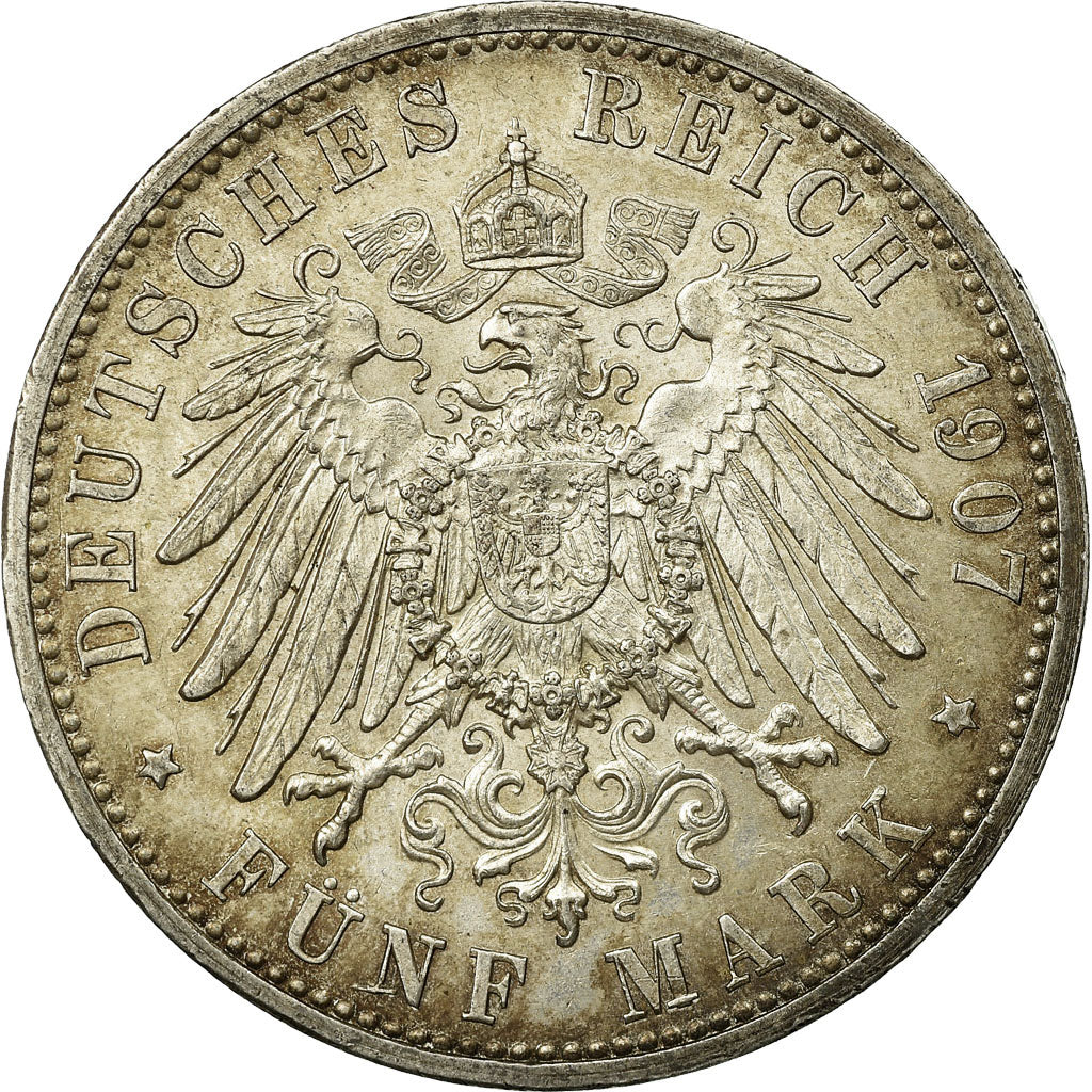 Moneta, Stati tedeschi, BADEN, Friedrich I, 5 Mark, 1907, BB+, Argento, KM:279